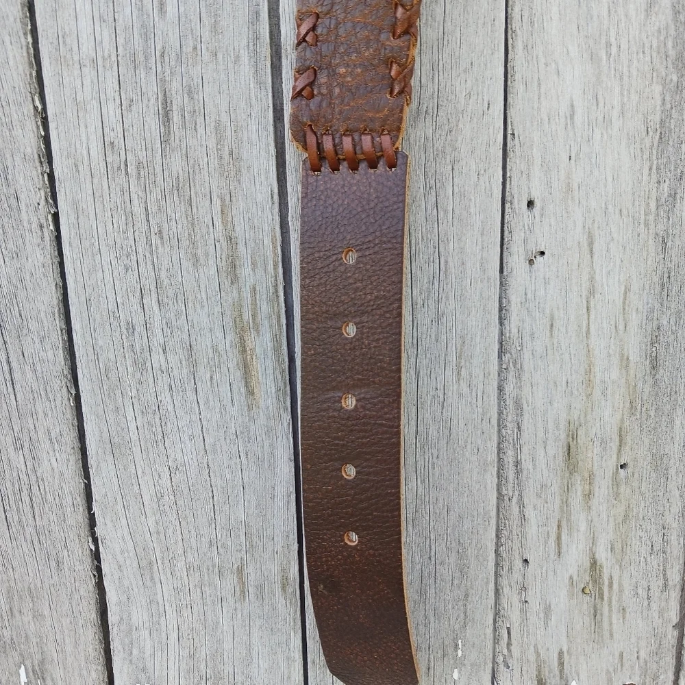 Vtg Whip Stitch Patchwork Brown Pebble Leather Belt White Brass Boho Western